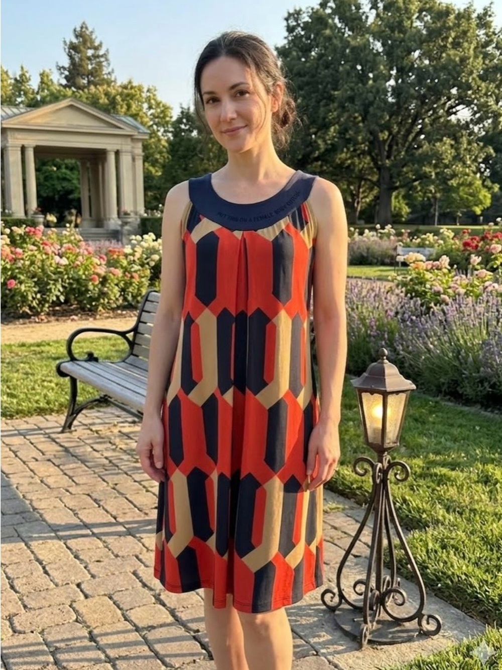 👗Enfocus Geometric Print Sleeveless A-Line Dress in Red and Navy Size 10